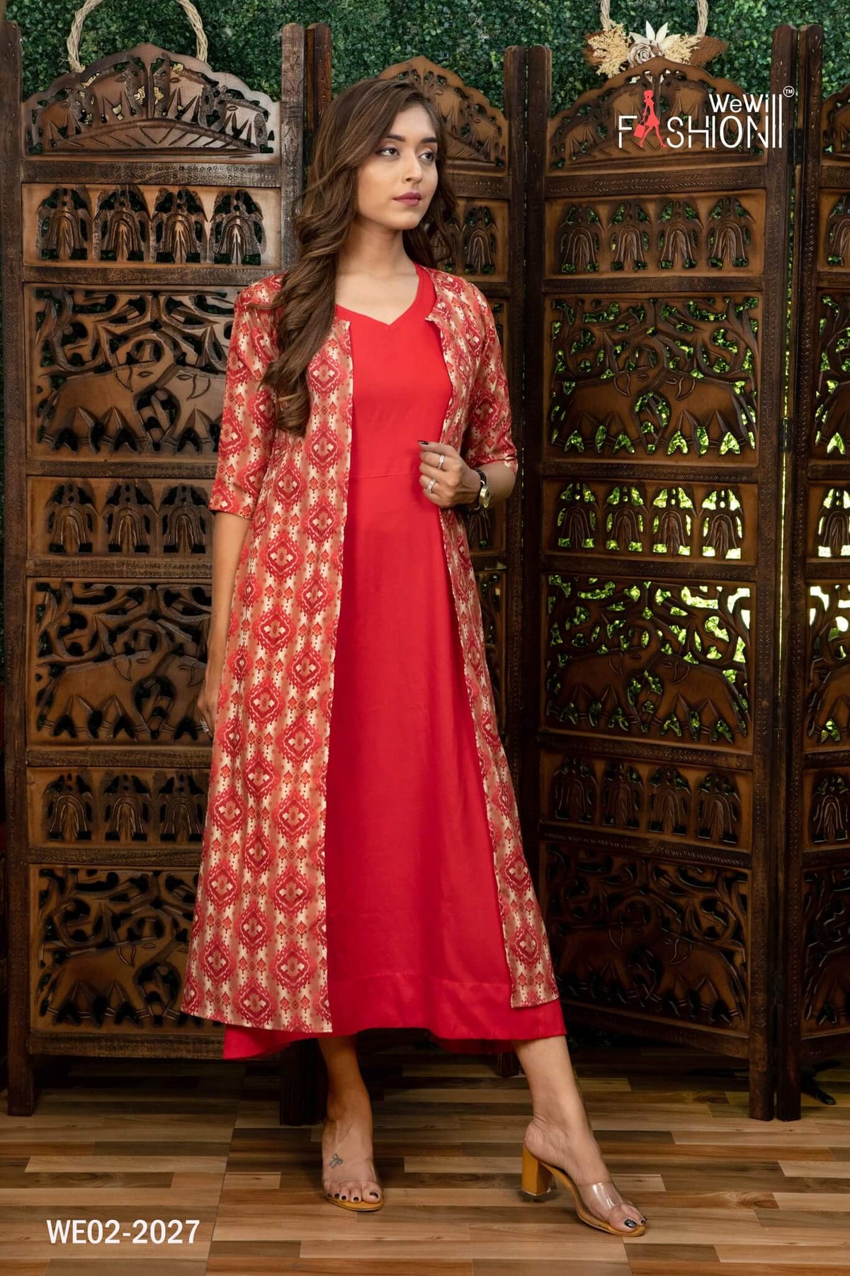 WOMEN RED COLOUR KURTI WITH PRINTED JACKET