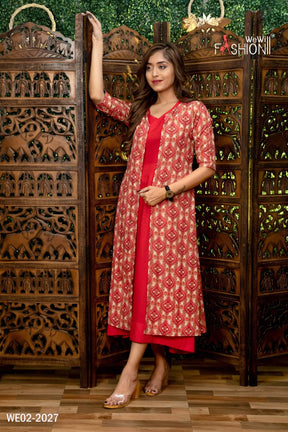 WOMEN RED COLOUR KURTI WITH PRINTED JACKET