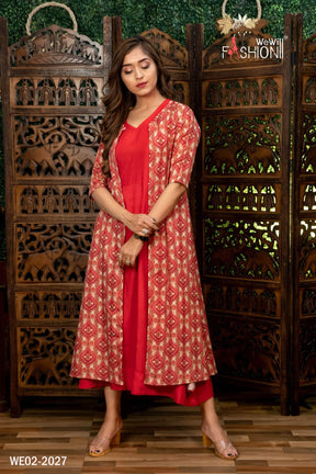 WOMEN RED COLOUR KURTI WITH PRINTED JACKET