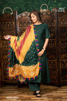 SIMPLE KURTI  PLAZZO WITH BANDHANI PRINTED DUPATTA