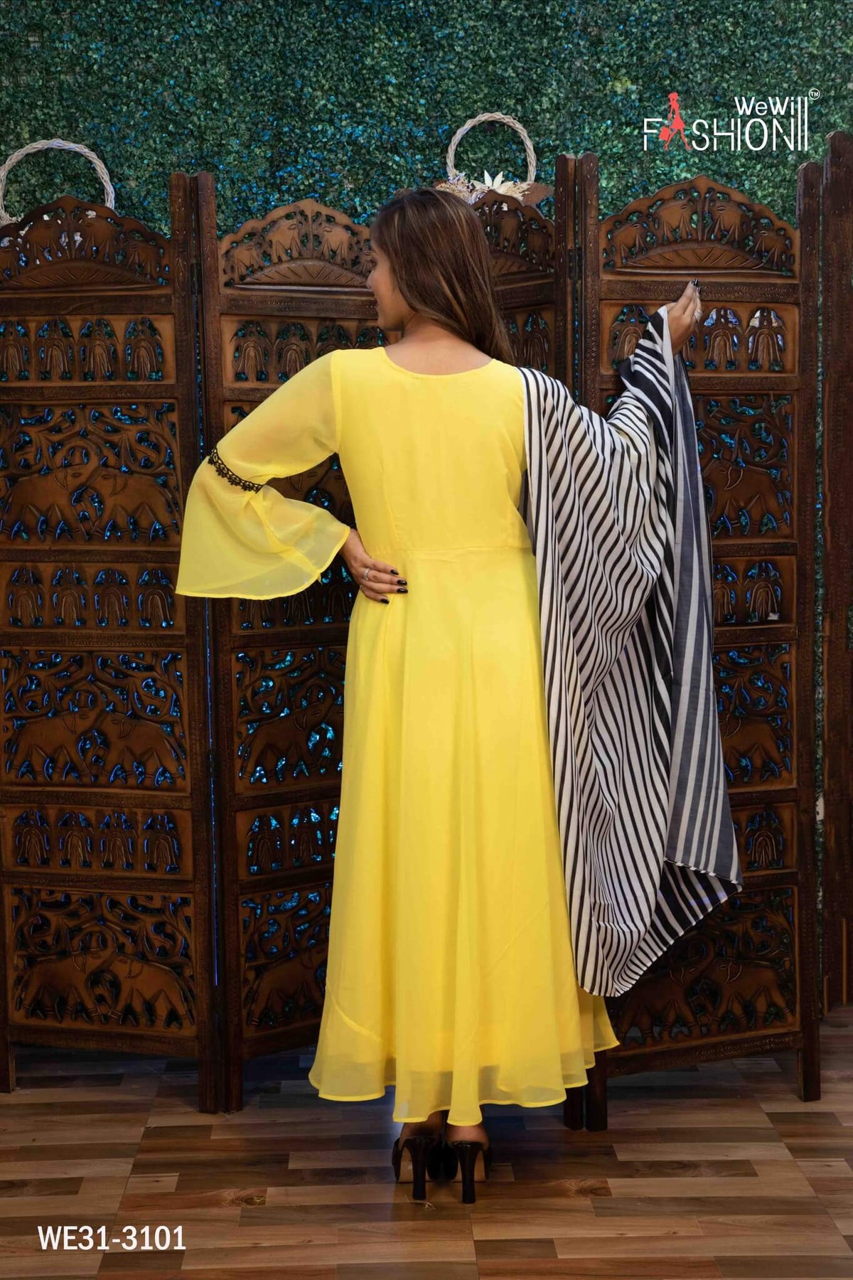 YELLOW ANARKALI KURTI WITH PRINTED DUPATTA