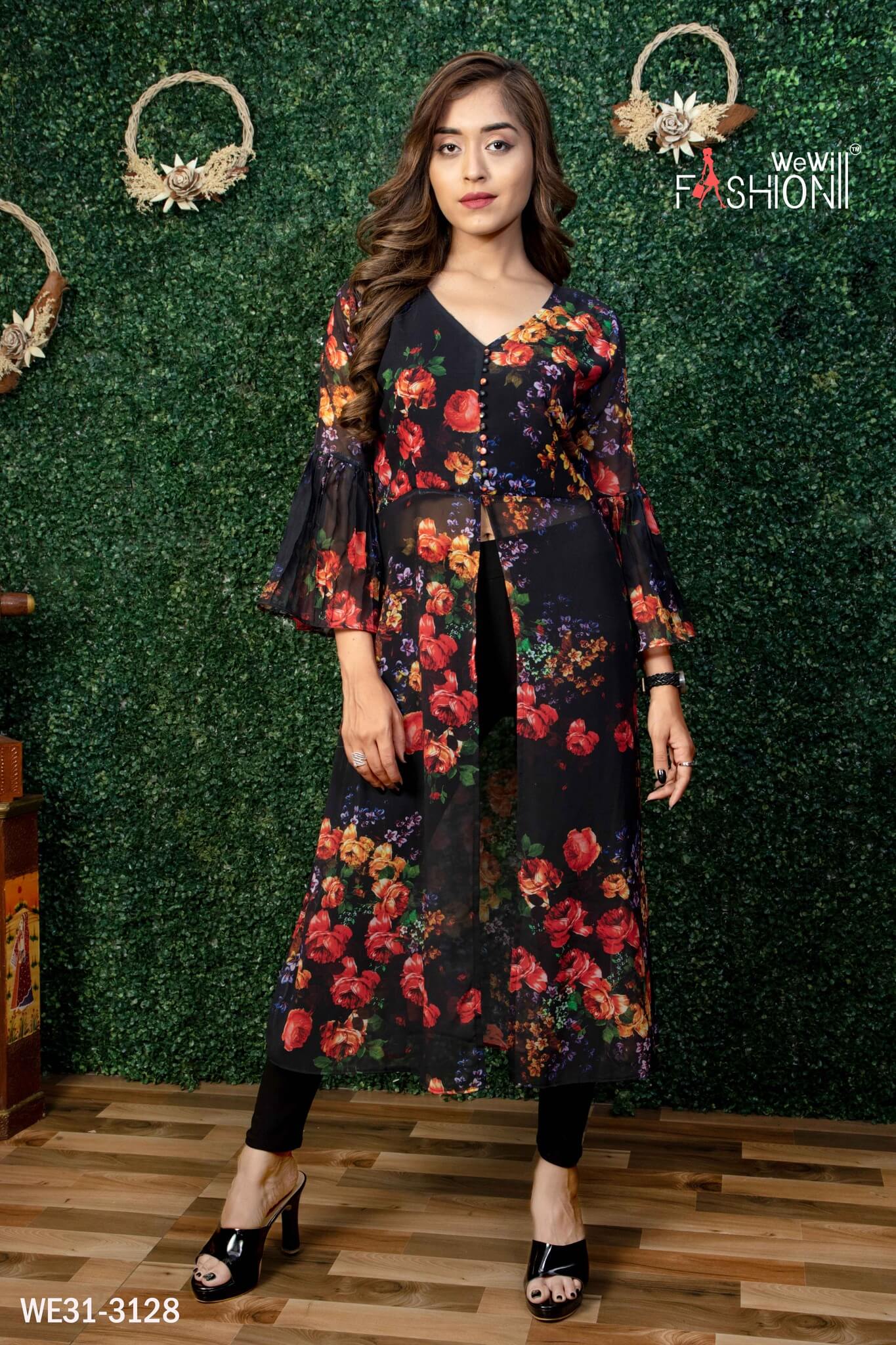 TRENDY FLOWER PRINTED KURTI WITH FRILL SLEEVES