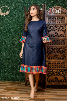 WOMEN NAVY BLUE COTTON KURTI WITH FRILL SLEEVE