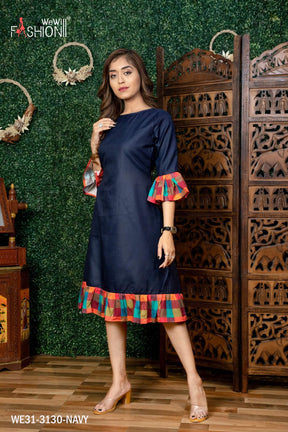 WOMEN NAVY BLUE COTTON KURTI WITH FRILL SLEEVE