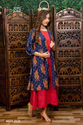 WOMEN RED COLOUR KURTI WITH PRINTED OVER COAT