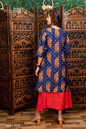 WOMEN RED COLOUR KURTI WITH PRINTED OVER COAT