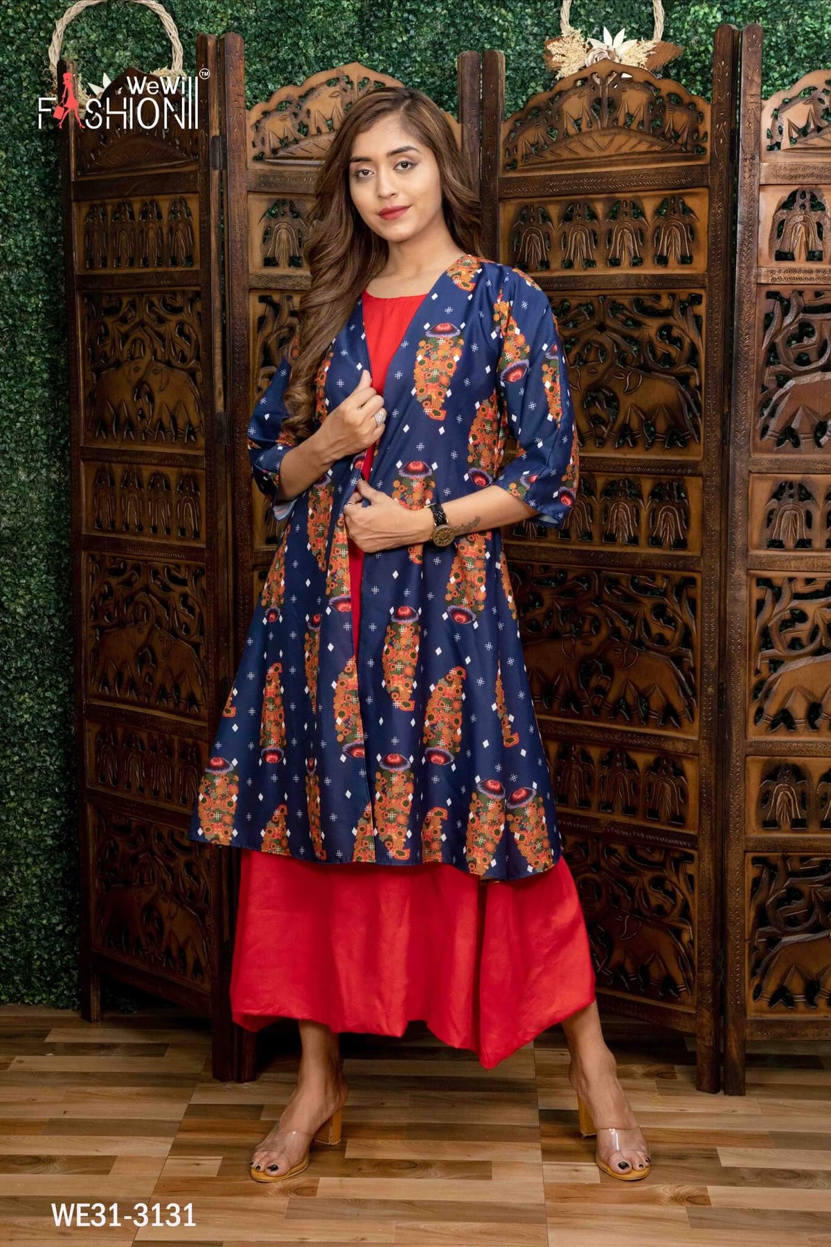 WOMEN RED COLOUR KURTI WITH PRINTED OVER COAT