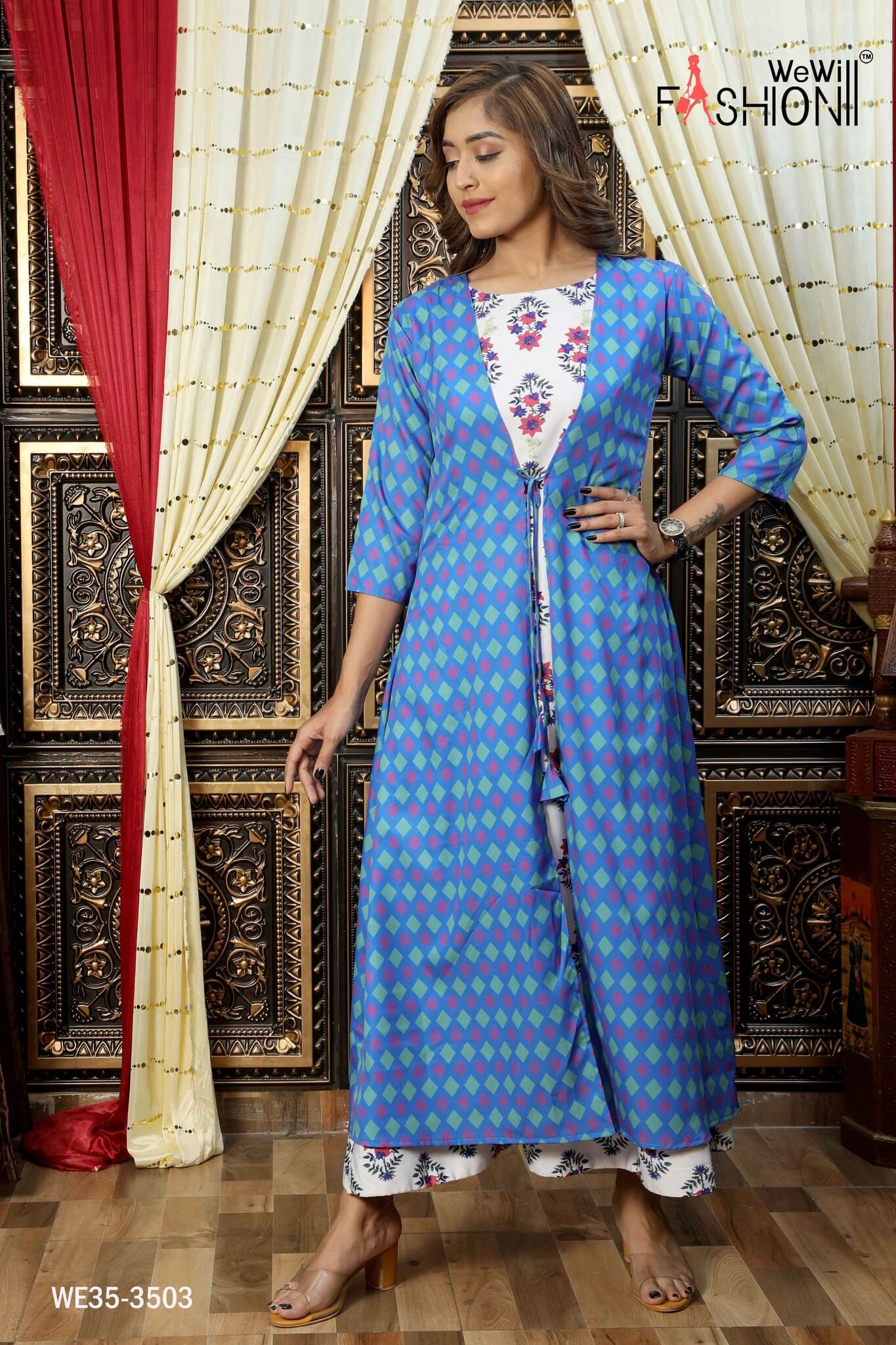 STYLIST JACKET WITH PRINTED KURTI