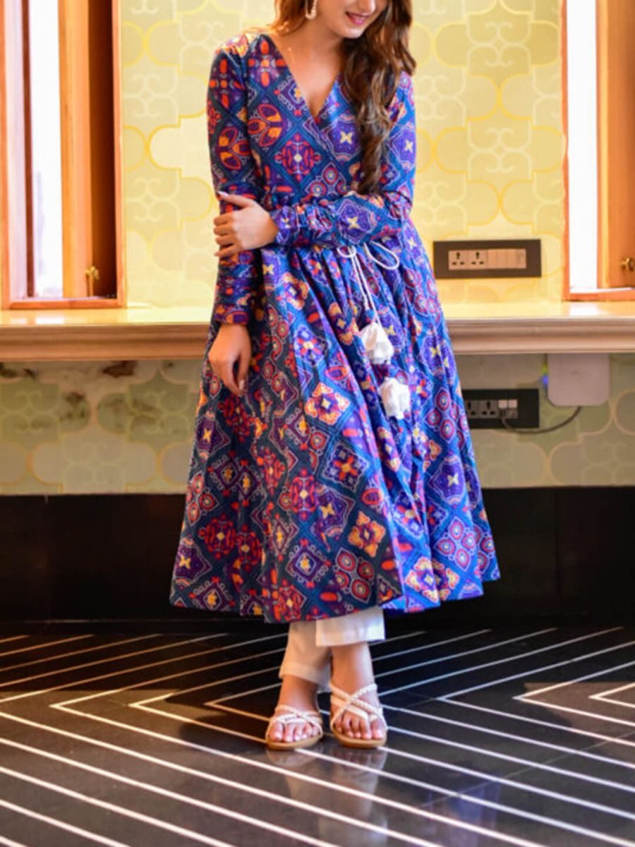 Ethnic Angrakha Style Blue Printed Gown with Pant